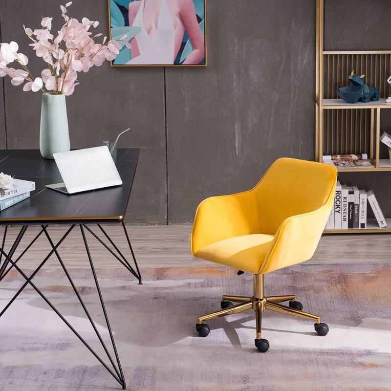 Chic Velvet Office Chair with Gold Legs and Wheels – Yellow