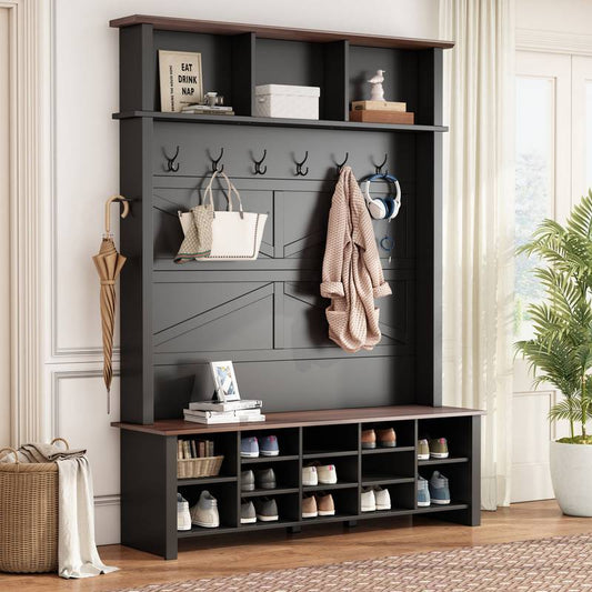 Chic Farmhouse Entryway Bench with Hooks & Shelves