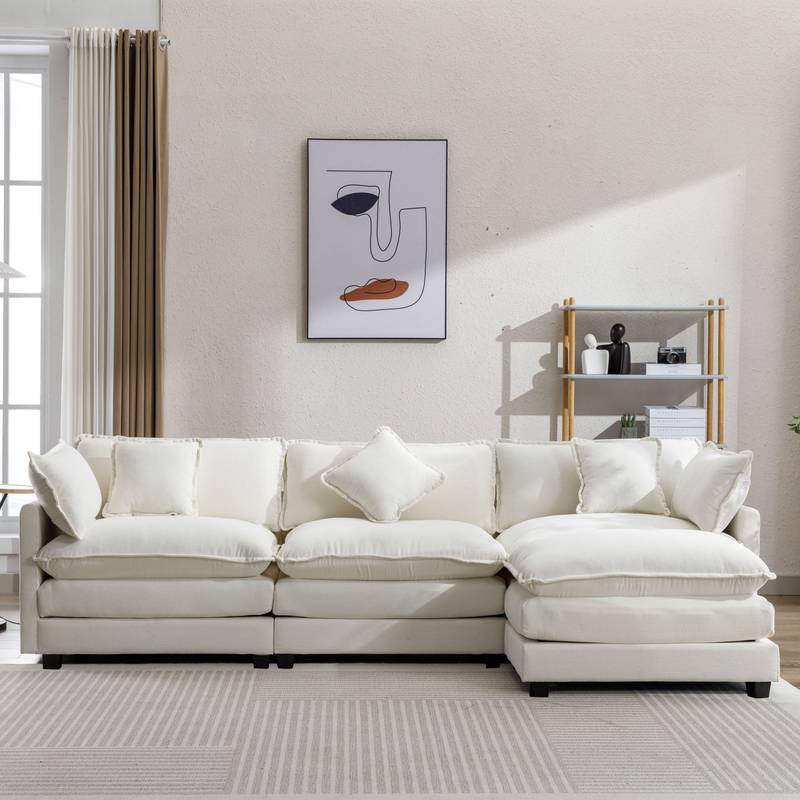 Luxurious L-Shape Chenille Sofa with Ottoman and Pillows