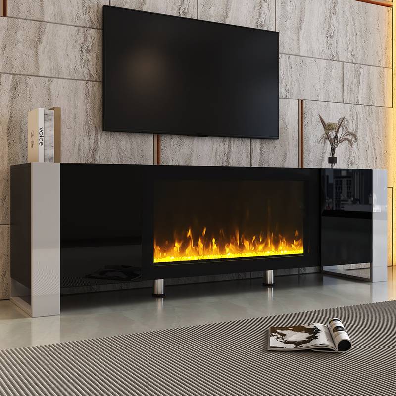 Sleek Black TV Stand with Cozy Electric Fireplace