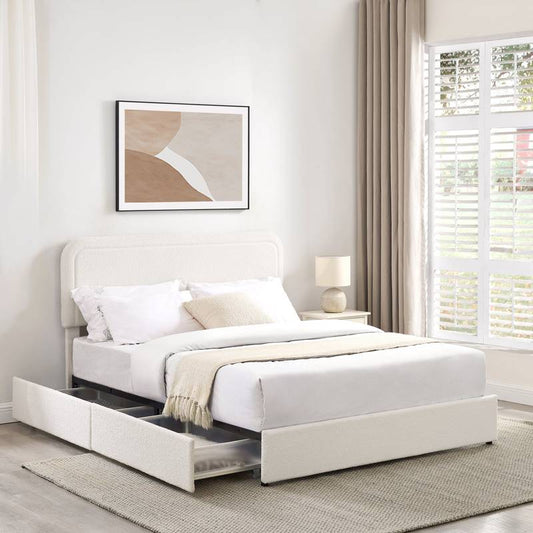 Cozy Curved Queen Storage Bed in Ivory Boucle