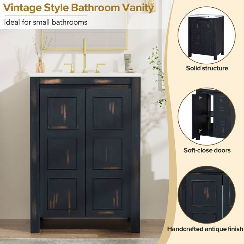 Charming Vintage Bathroom Vanity with Ceramic Sink and Soft-Close Doors