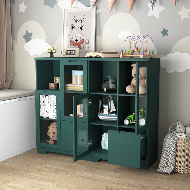 Chic Green Cabinet with Glass Doors and Open Storage