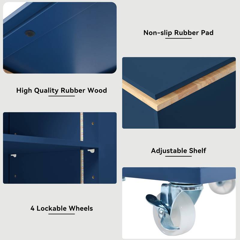 Navy Rolling Kitchen Island with LED Lights & Storage