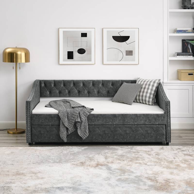 Chic Grey Daybed with Trundle & Stylish Tufted Design