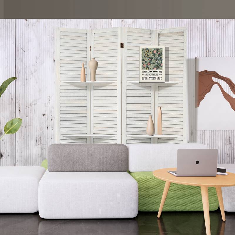 Chic White Folding Room Divider with Shelves