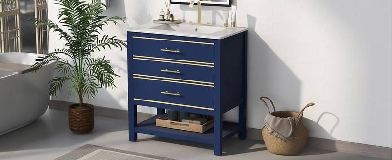 Navy Bliss: Stylish Bathroom Vanity with Open Storage