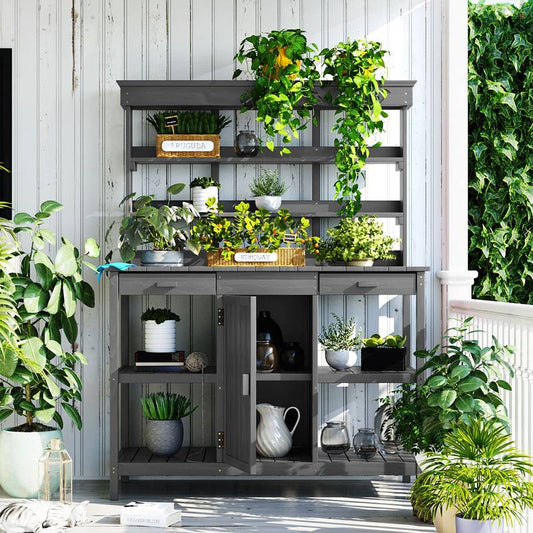 Charming Gray Garden Potting Table with Storage