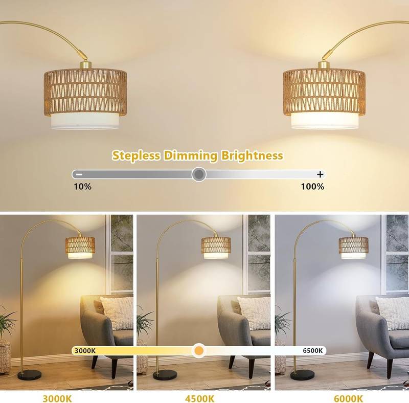 Cozy Rattan Arc Lamp with Remote & Dimming Features