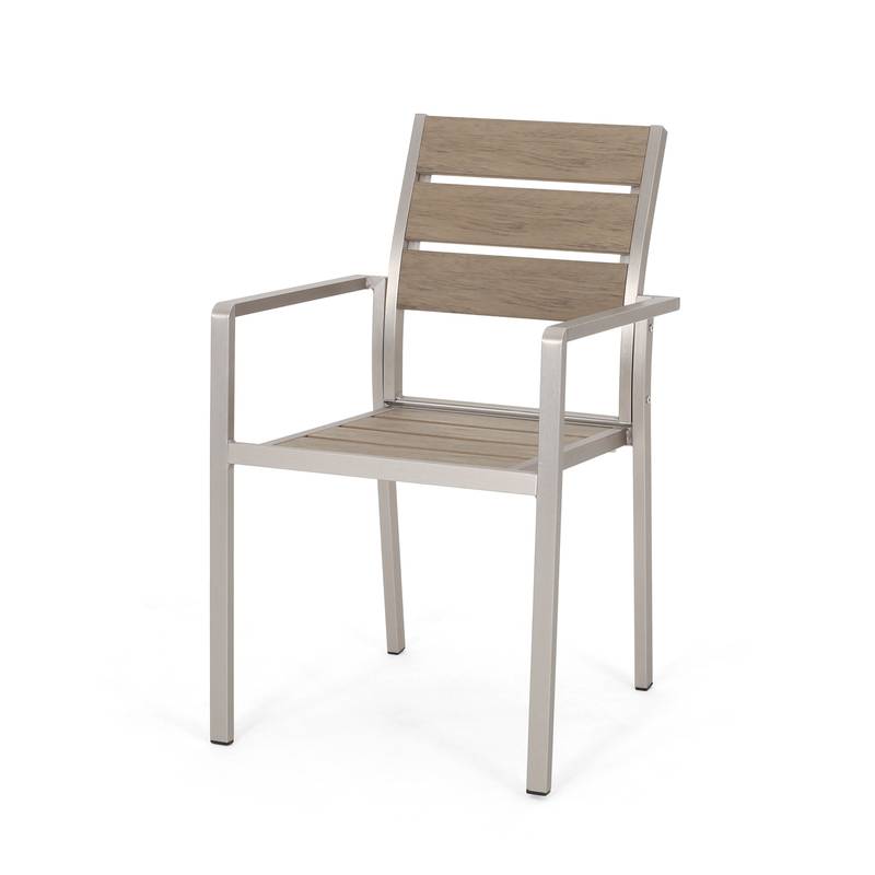 Stylish Outdoor Aluminum Dining Chairs with Natural Wood Look - Set of Two