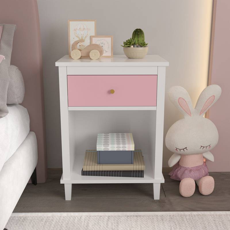 Charming Pink Wooden Nightstand with Shelf & Drawer
