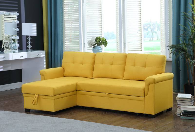 Chic Yellow Linen Sleeper Sofa with Storage Chaise