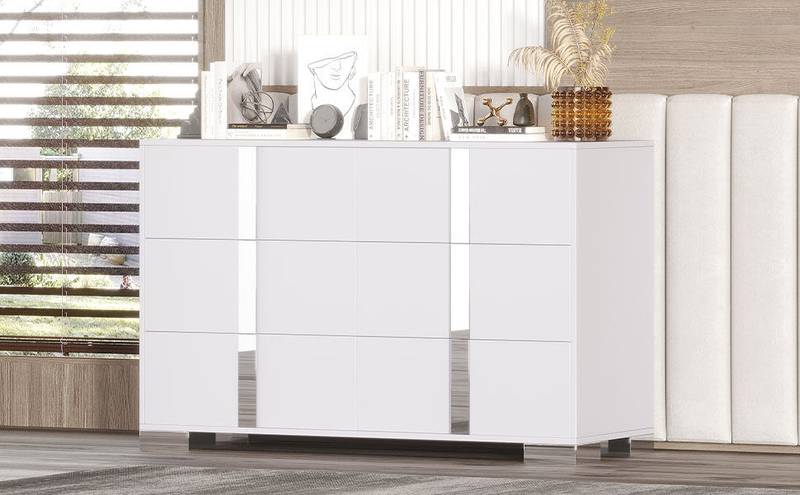 Chic White Mirror Dresser with Metal Handles