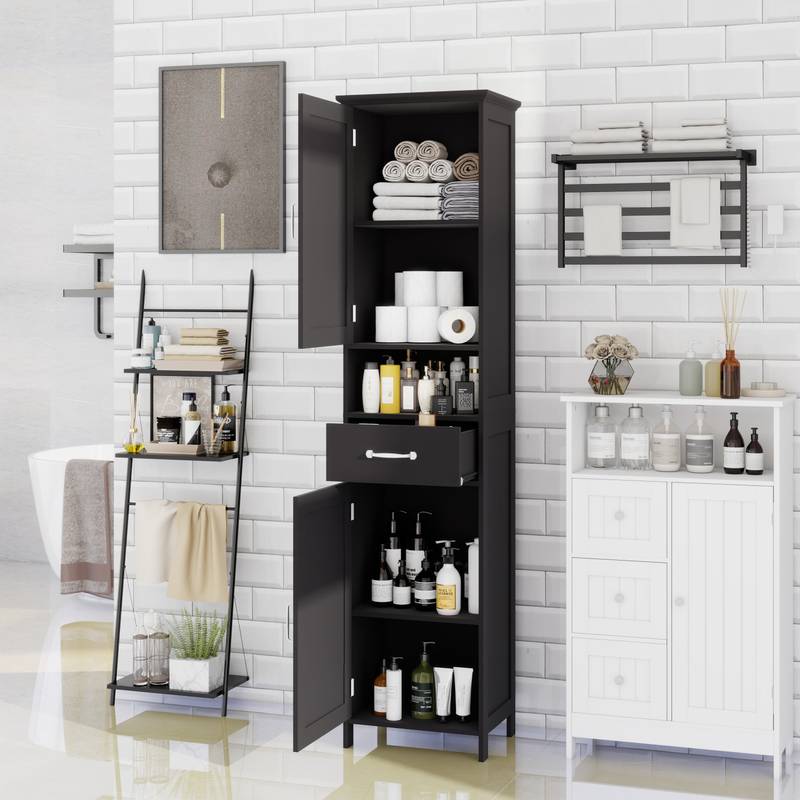 Sleek Slim Floor Cabinet with Adjustable Shelves - Black