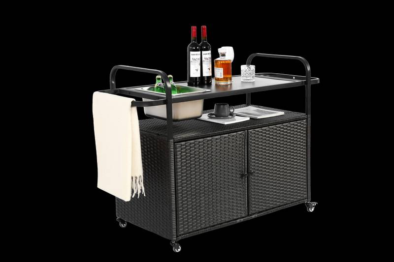 Chic Wicker Bar Cart with Ice Bucket & Lockable Wheels