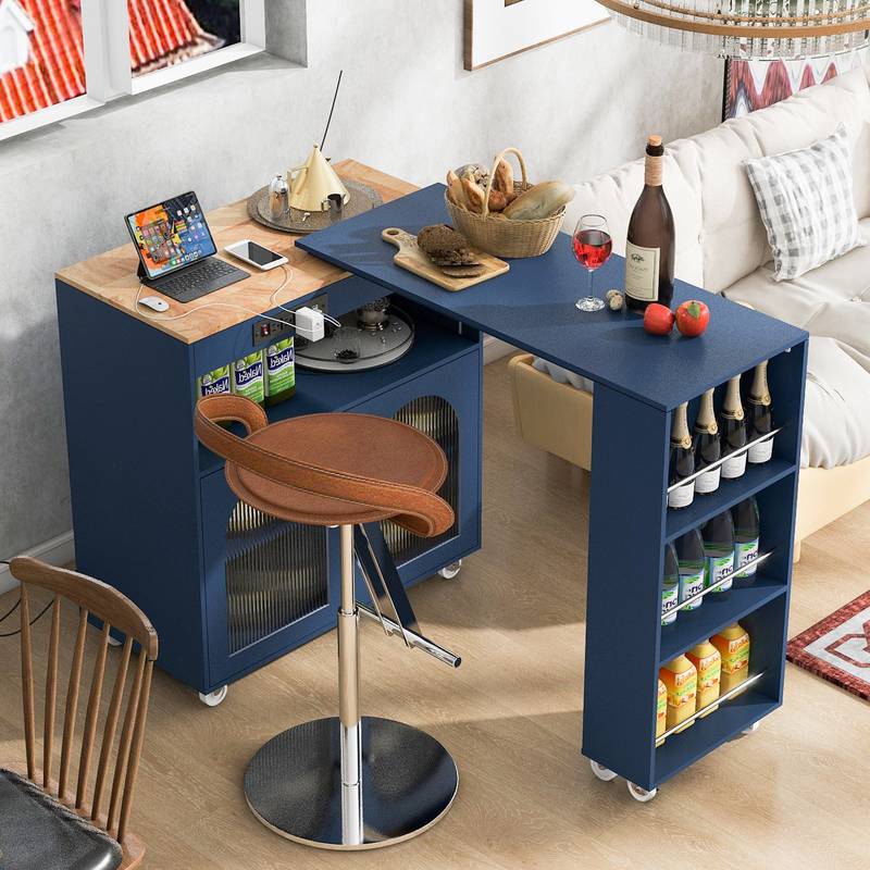 Navy Rolling Kitchen Island with LED Lights & Storage