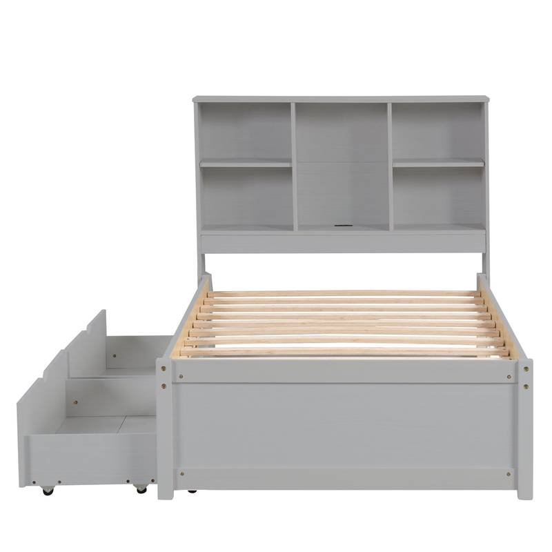 Cozy Grey Twin Bed with USB Charging & Storage Headboard