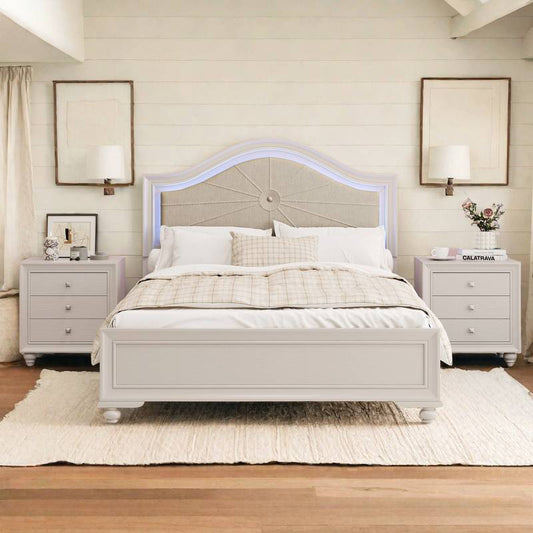 Cozy Cream Grey Queen Bedroom Set with LED Headboard & Nightstands