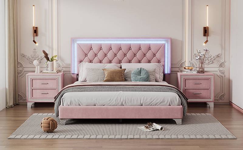 Pink Dream Bedroom Set with LED Bed and Nightstands