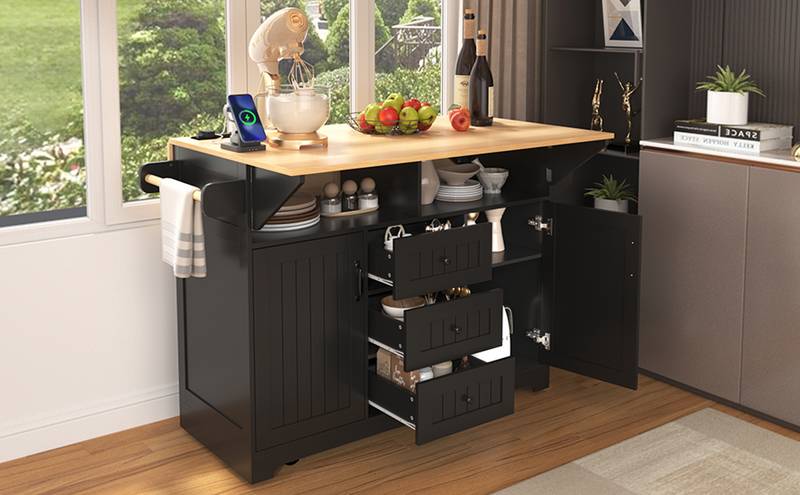 Versatile Kitchen Island Cart with Drop Leaves and Power Outlet