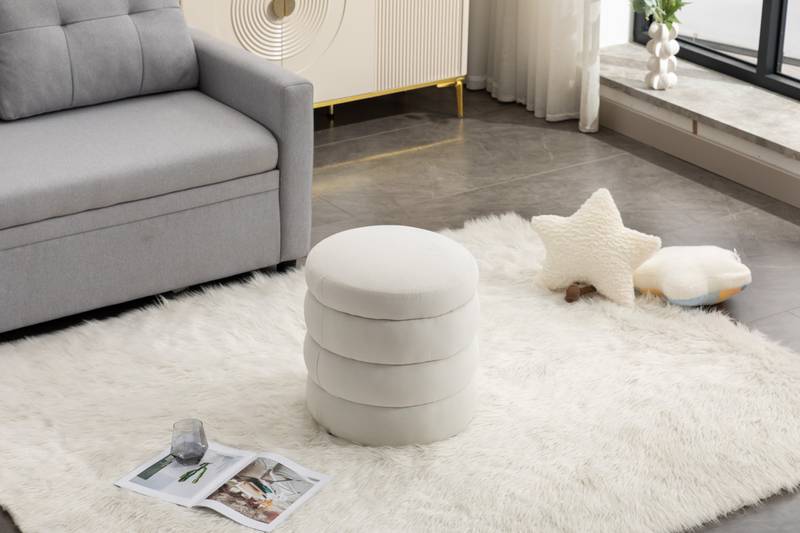 Ivory Velvet Round Ottoman