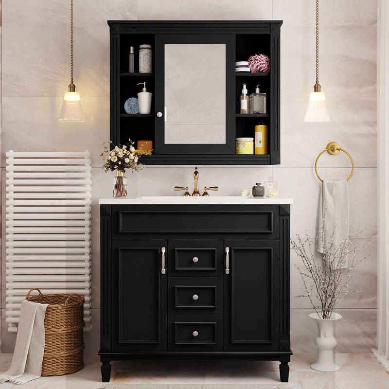 Sleek Black Bathroom Vanity with Mirror & Soft-Close Storage