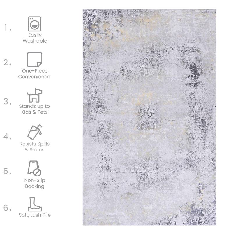 Versatile Washable Area Rug - Kid & Pet Friendly, Non-Slip Comfort - Gray & Gold