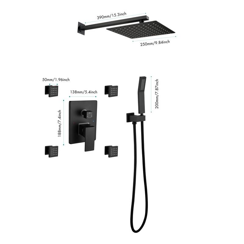 Luxury Matte Black Rainfall Shower Set with Body Jets and Handheld Wand