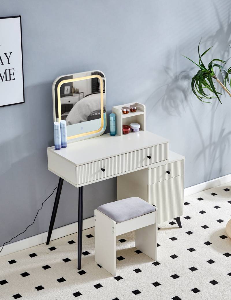 Glam Flute Vanity Set with LED Mirror & Shelves