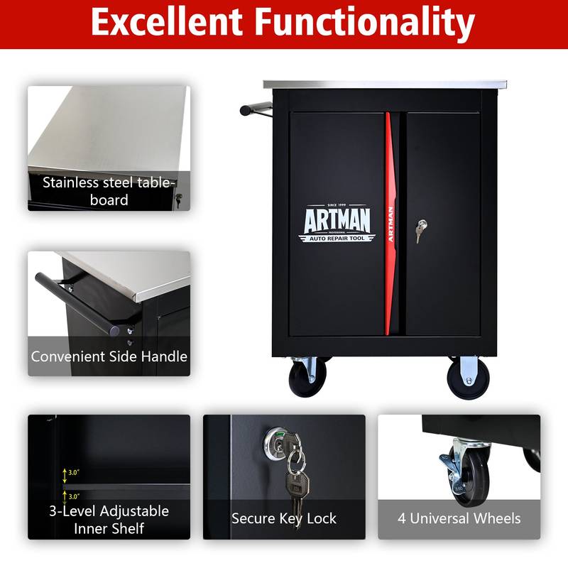 Versatile Double-Door Tool Cart - Black & Red