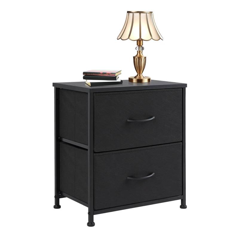 Sleek Black Dresser with Metal Frame and Wooden Top