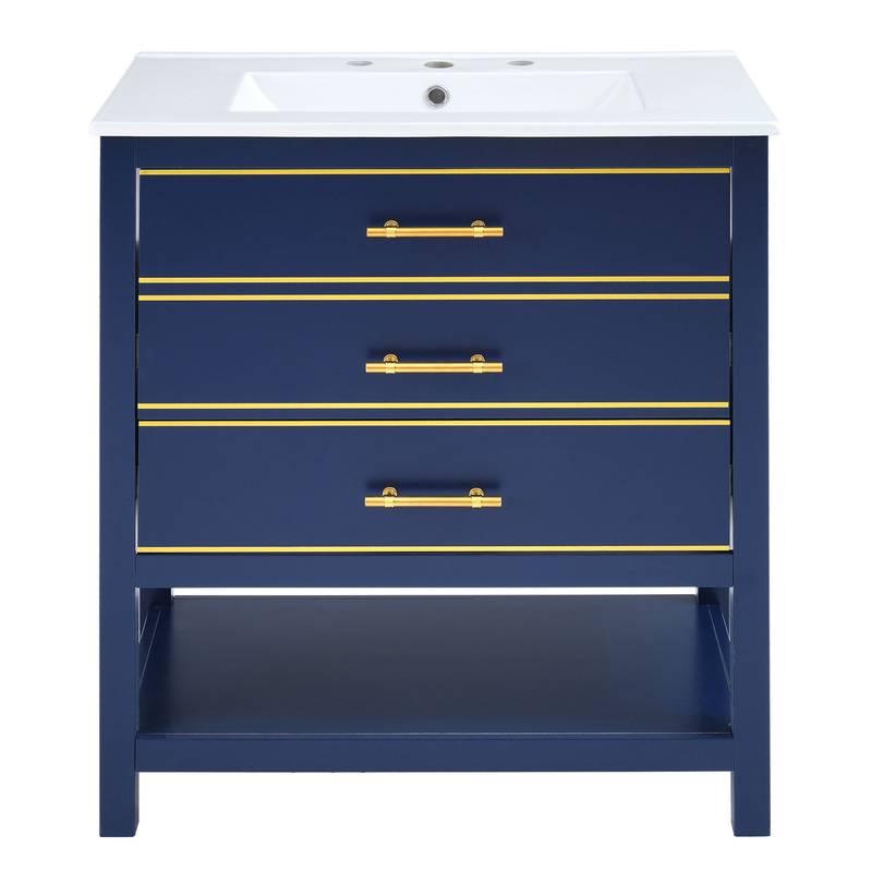 Navy Bliss: Stylish Bathroom Vanity with Open Storage