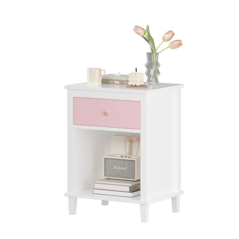 Charming Pink Wooden Nightstand with Shelf & Drawer