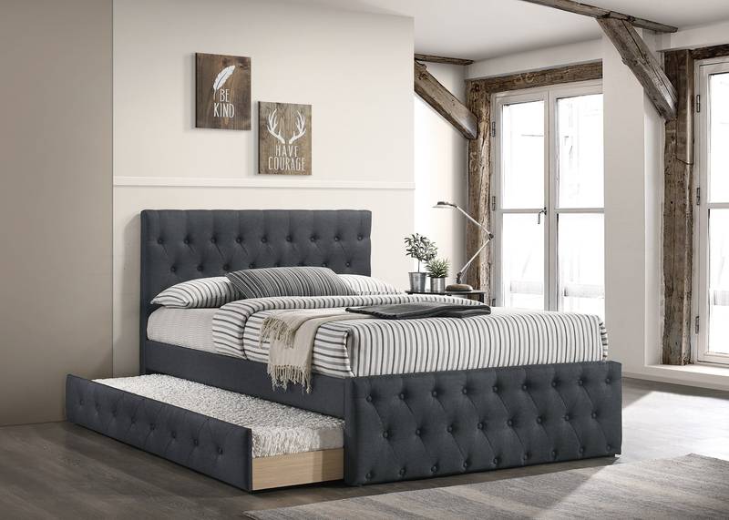 Cozy Charcoal Twin Bed with Trundle and Tufted Headboard