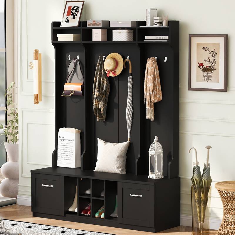 All-in-One Entryway Bench with Coat Rack & Storage