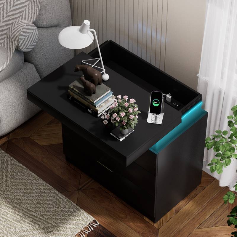 Sleek Nightstand with Charging Hub & LED Glow