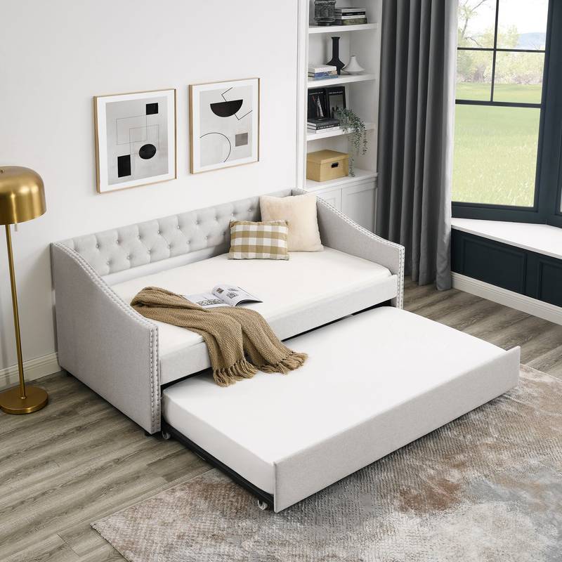 Chic Beige Twin Daybed with Cozy Trundle