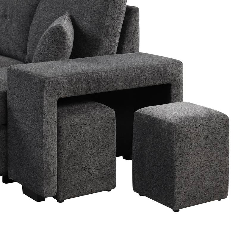 Versatile L-Shaped Sofa Bed with Side Shelf & Stools
