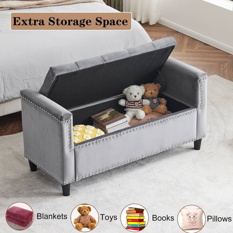Chic Velvet Storage Bench with Armrests