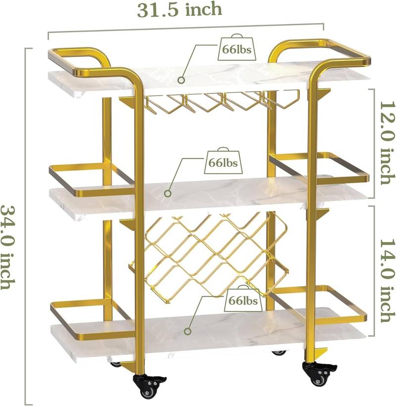 Glam Gold Bar Cart - Chic 3-Tier Storage & Wine Rack on Wheels