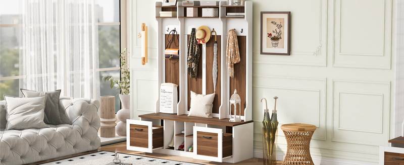 Versatile Entryway Bench with Coat Rack and Storage