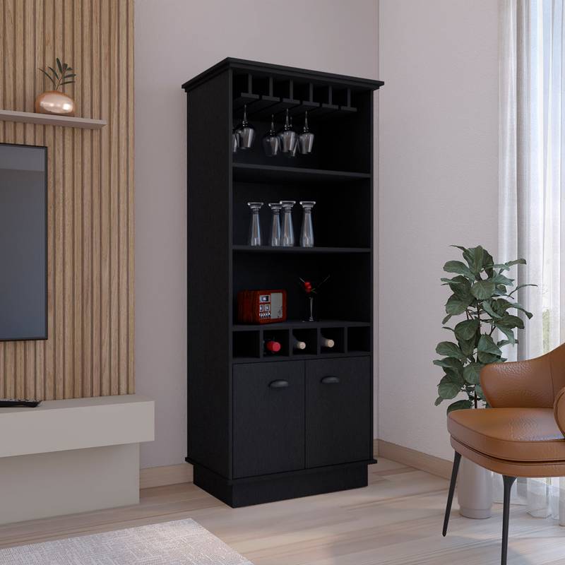 Sleek Black Bar Cabinet with Wine Rack & Stylish Storage