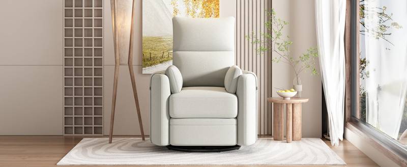 Cozy Beige Swivel Rocker Recliner with Pillows