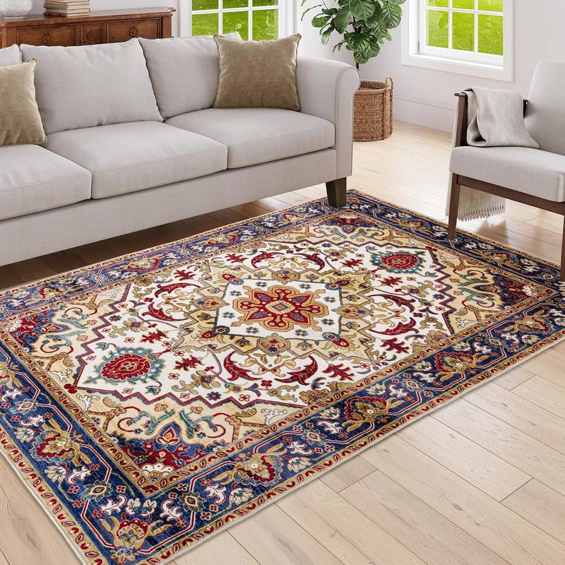 Vintage Boho Blue & Gold Persian Rug - Non-Slip & Washable