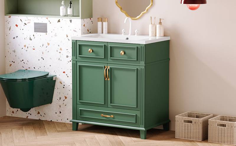 Vintage Green Bathroom Vanity with Soft-Close Storage