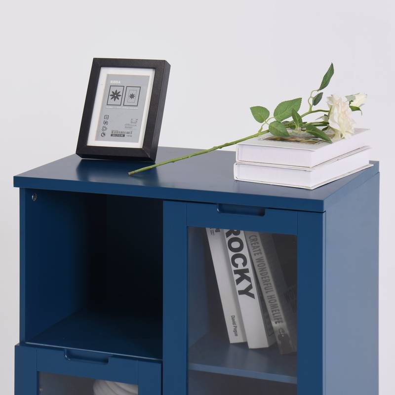 Navy Blue Glass-Front Cabinet with Open Storage