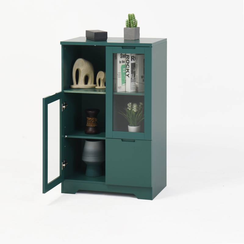 Chic Green Cabinet with Glass Doors and Open Storage
