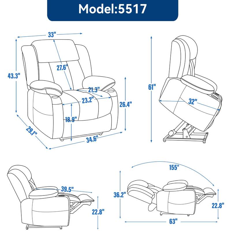 Cozy Power Lift Recliner with Massage & Heat - Heavy Duty Comfort in Blue