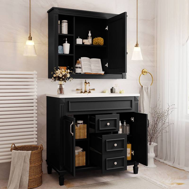 Sleek Black Bathroom Vanity with Mirror & Soft-Close Storage