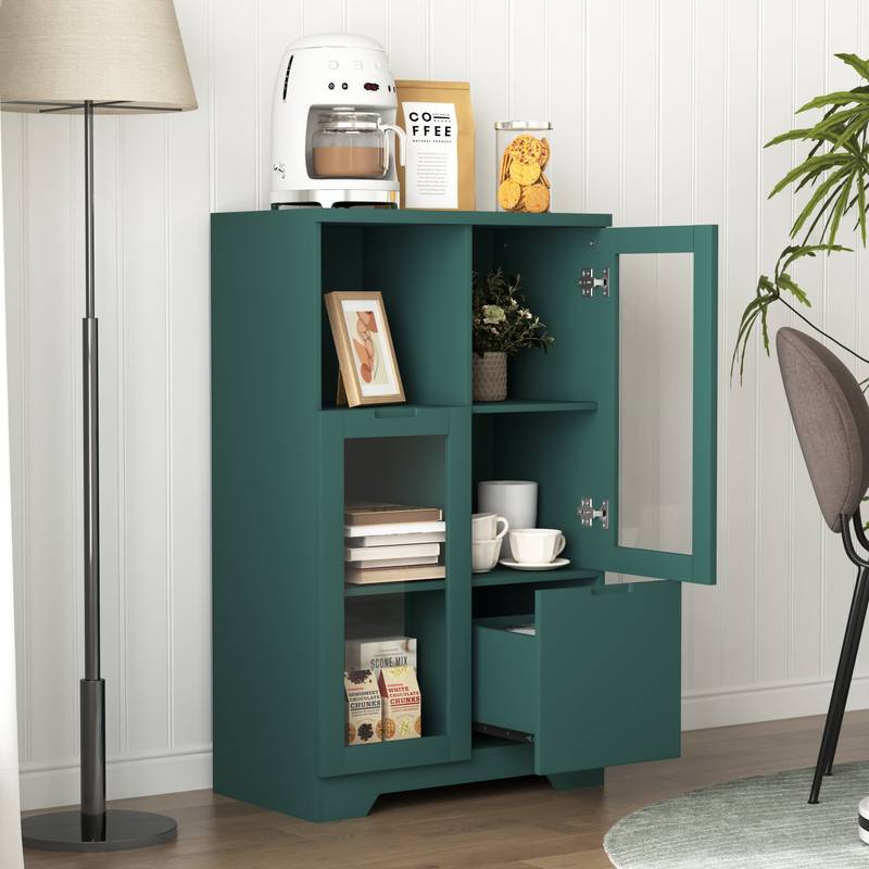 Chic Green Cabinet with Glass Doors and Open Storage